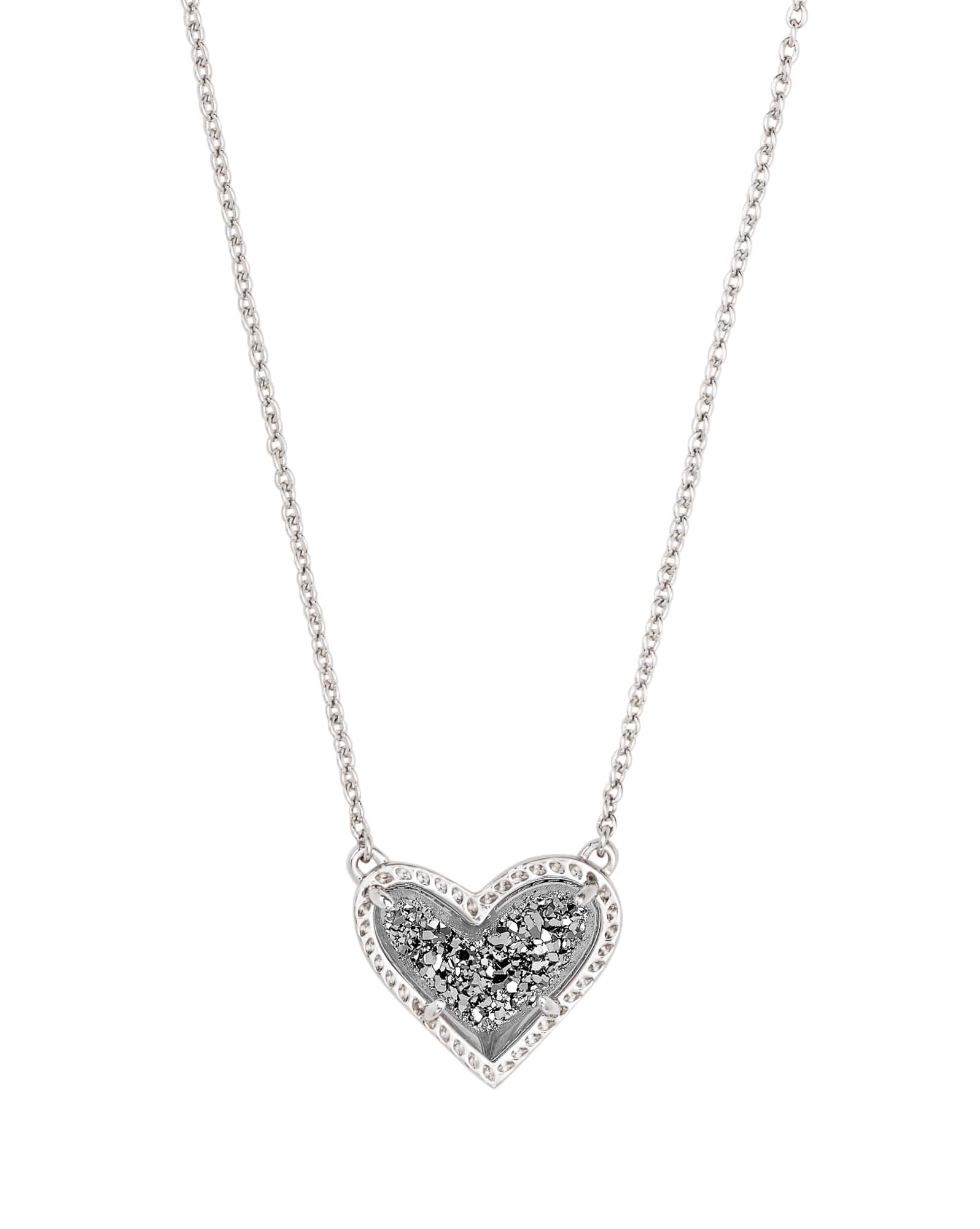Ari Heart Silver Pendant Necklace in Platinum Drusy