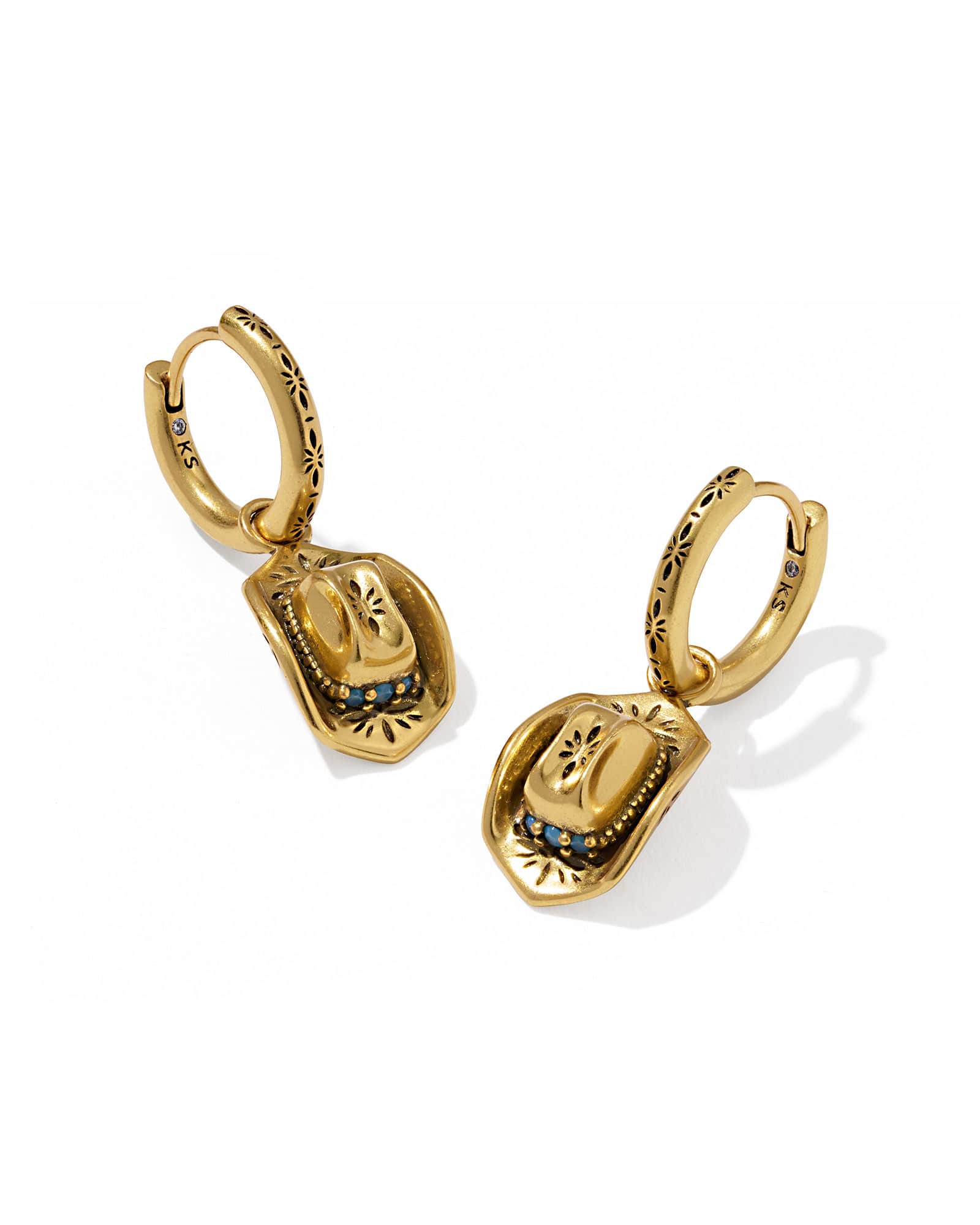 Kendra Scott Tiny Cowboy Hat Vintage Gold Huggie Earrings | Crystal