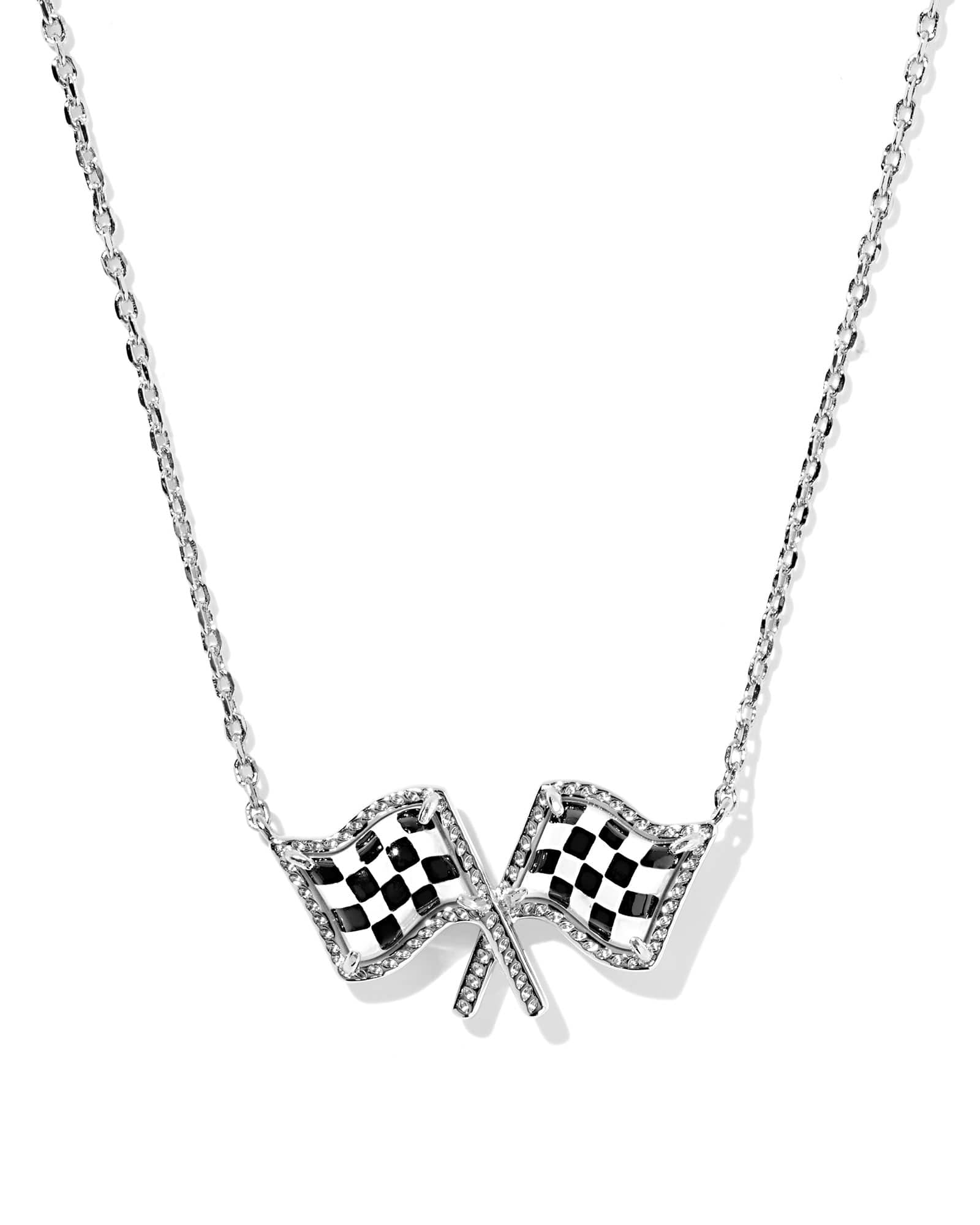 Kendra Scott Checkered Flag Silver Short Pendant Necklace | Mother Of Pearl/Metal Rhodium