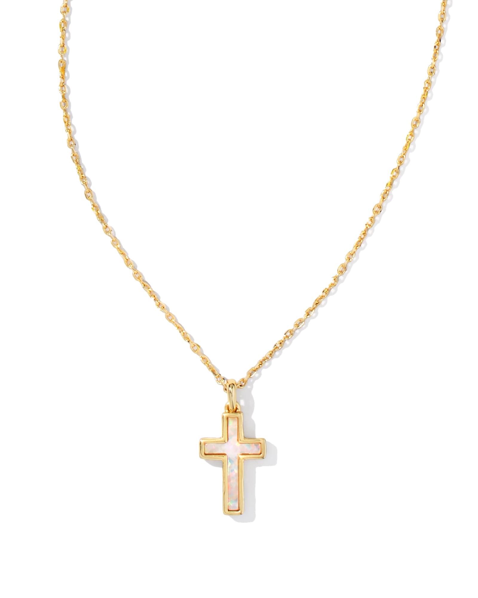 Cross Gold Pendant Necklace in White Kyocera Opal