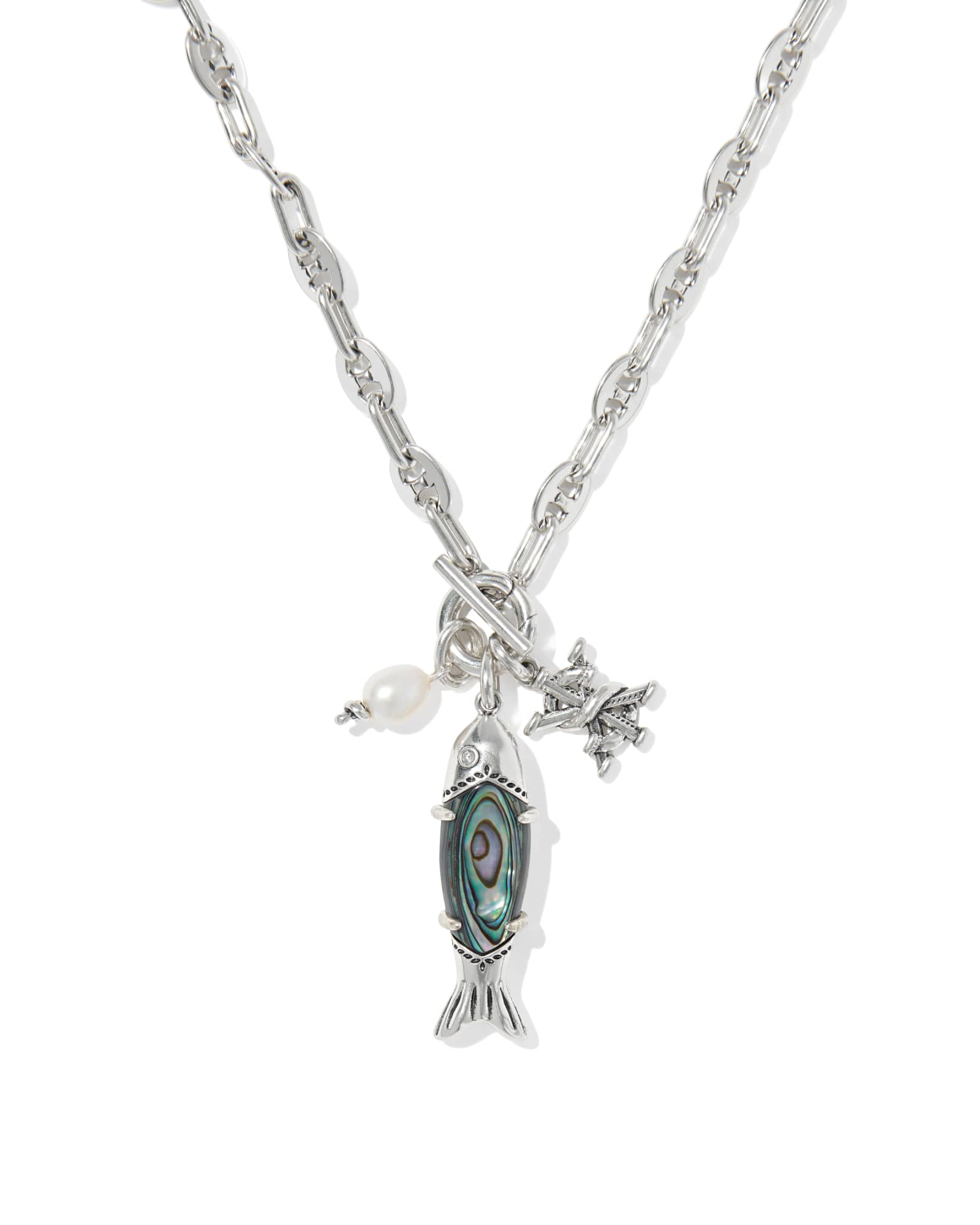 Kendra Scott Parker Fish Vintage Silver Long Charm Necklace | Abalone