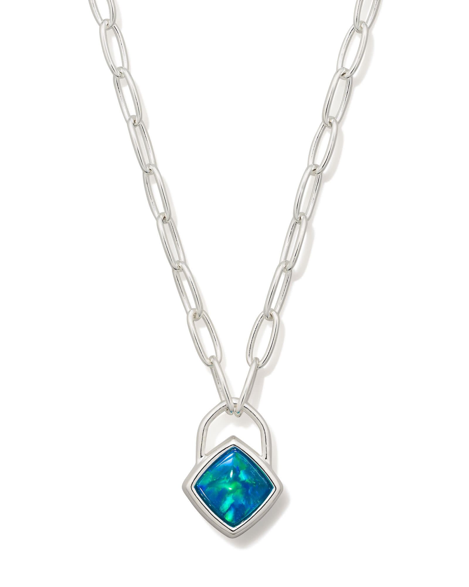 Kendra Scott Greer Sterling Silver Paperclip Pendant Necklace in Teal | Kyocera Opal