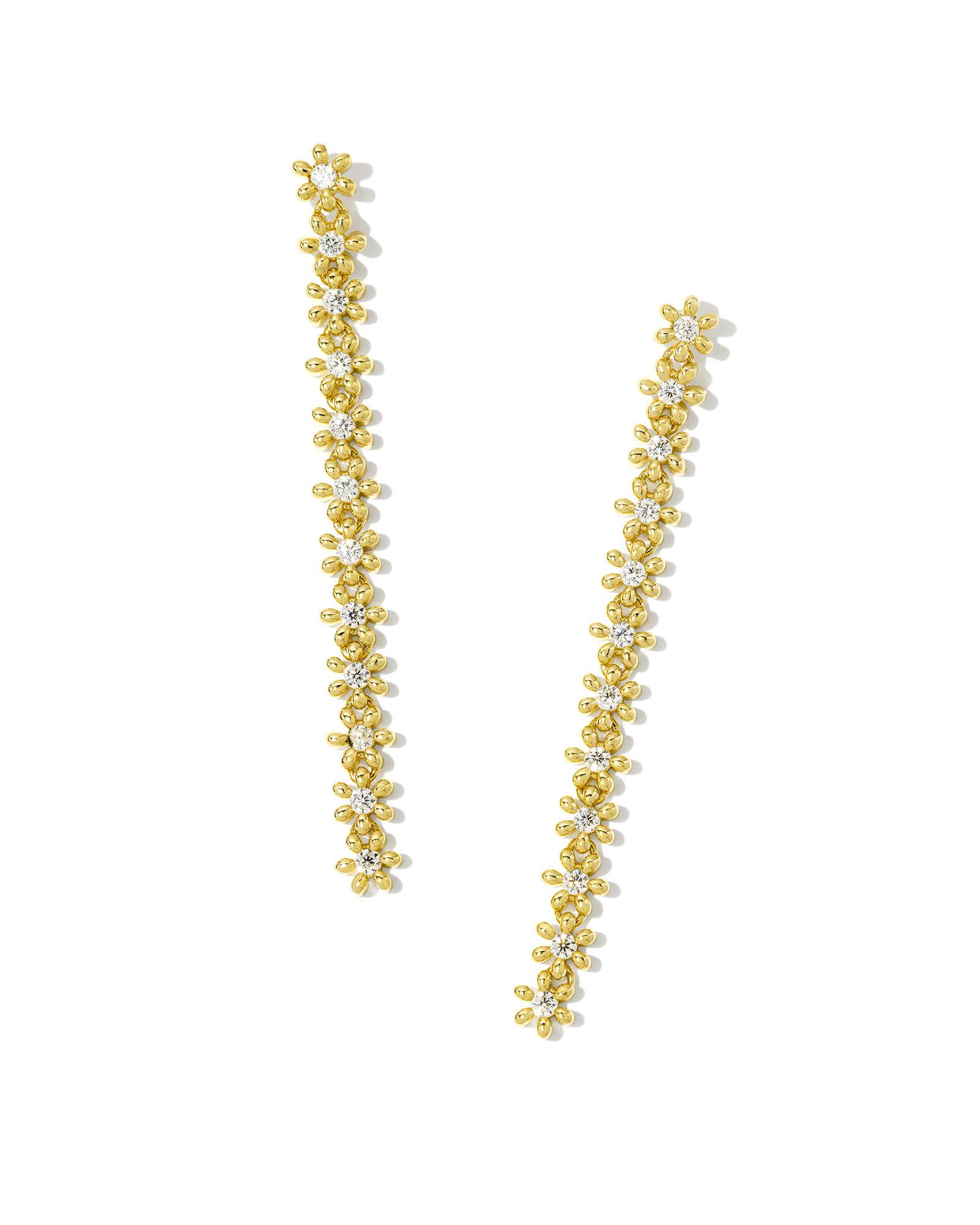 Kendra Scott Nydia Gold Linear Earrings in White | Crystal