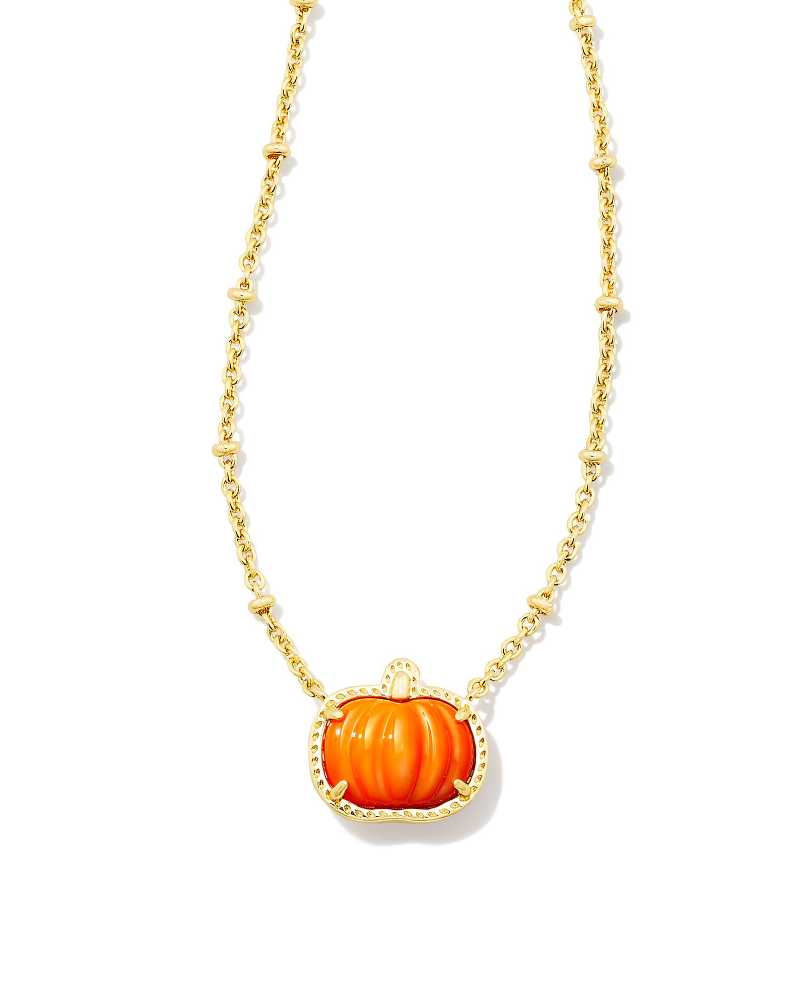 Kendra Scott Pumpkin Gold Short Pendant Necklace in Orange Mother-of-Pearl | Mother Of Pearl