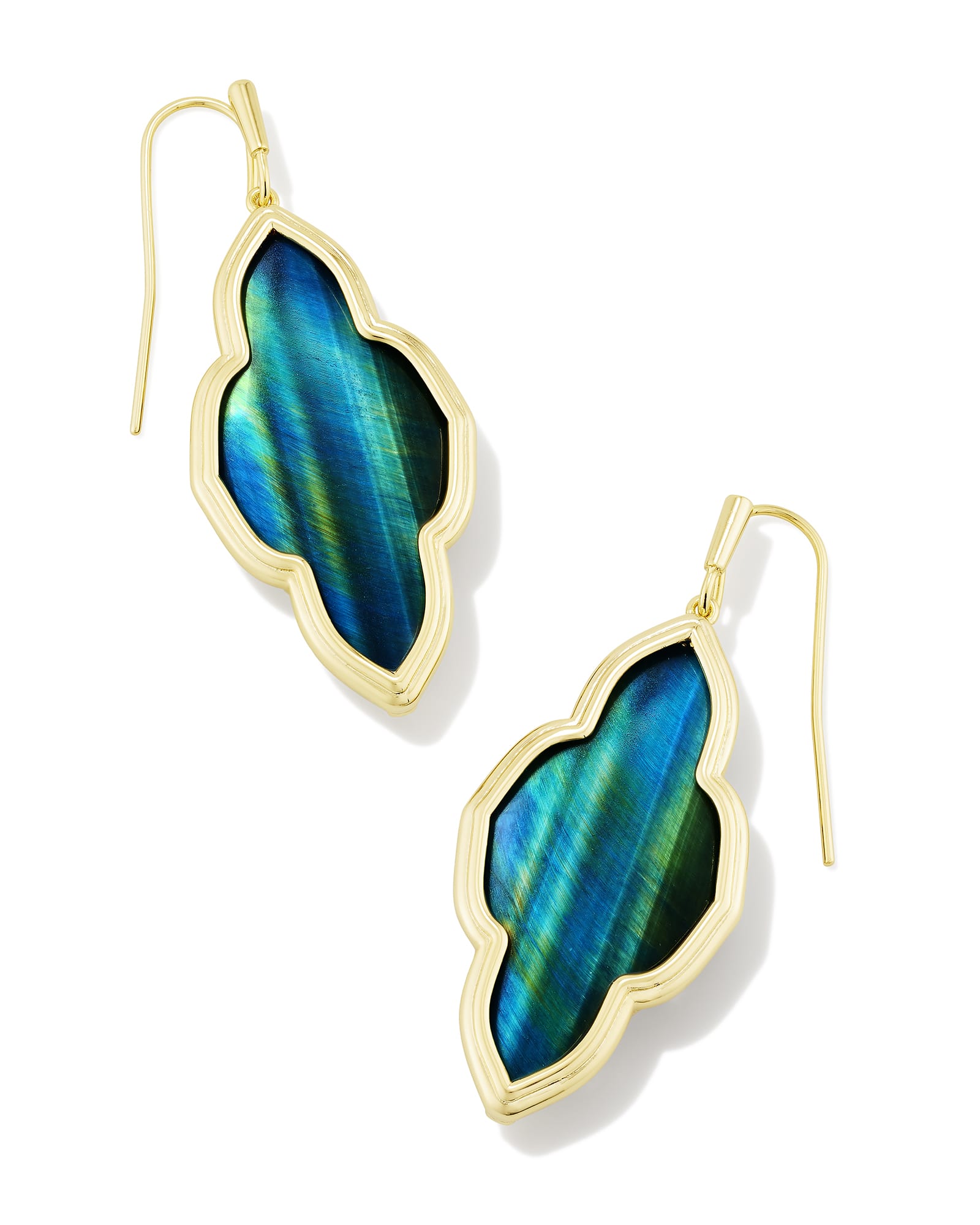 Kendra Scott Framed Abbie Gold Drop Earrings in Teal Tiger's Eye | Tigers Eye/Metal