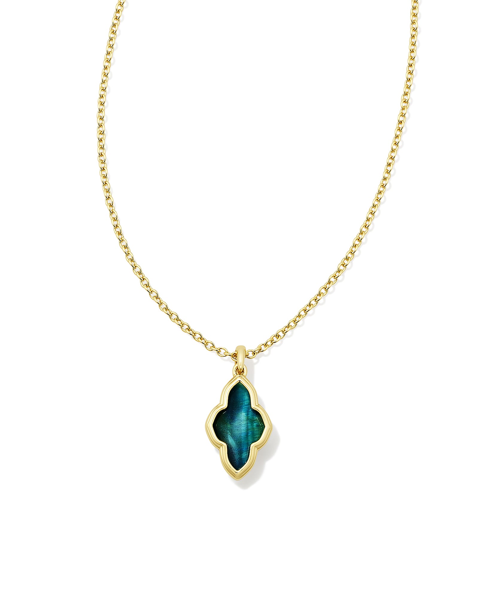 Kendra Scott Framed Abbie Gold Short Pendant Necklace in Teal Tiger's Eye | Tigers Eye/Metal