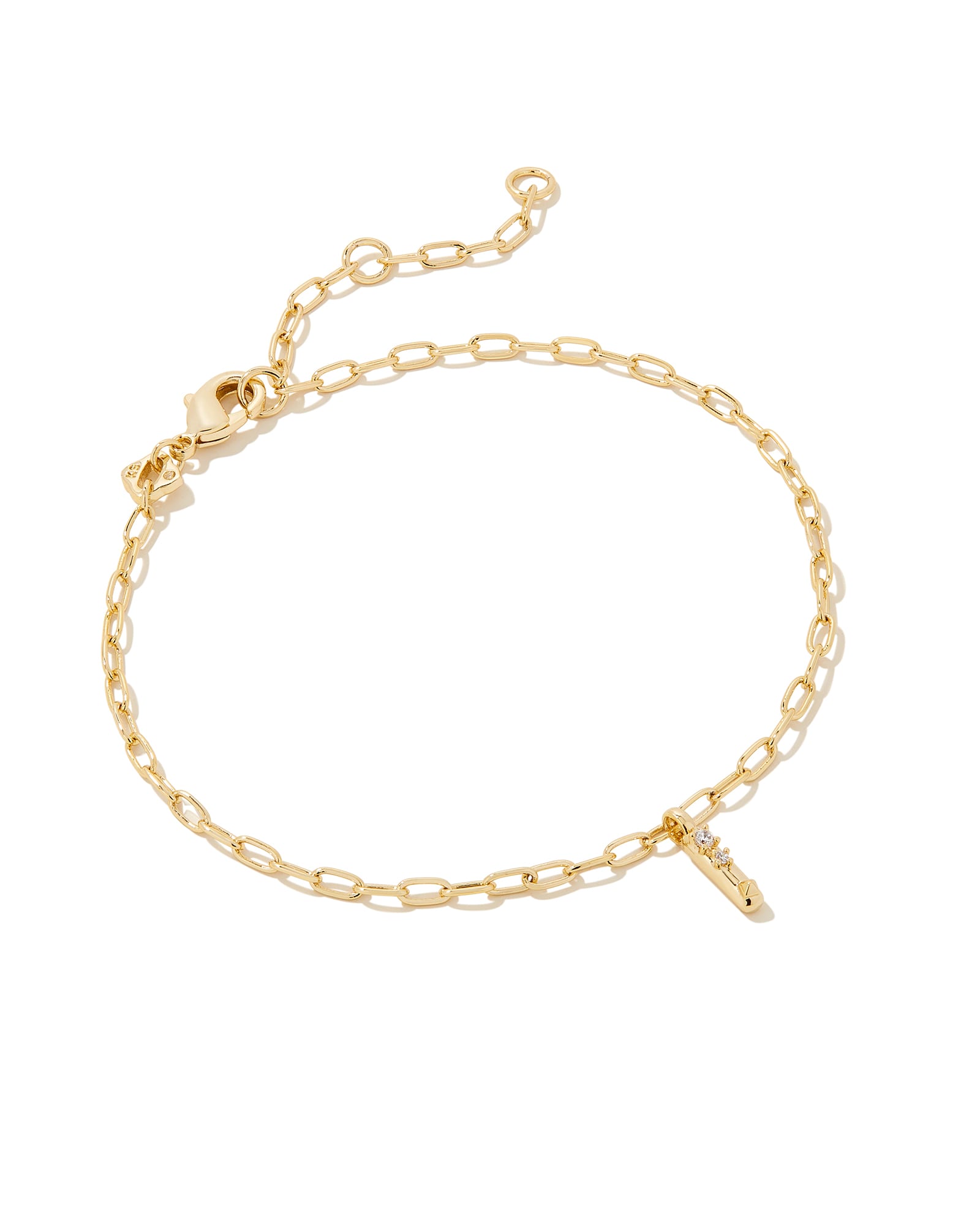 Kendra Scott Crystal Letter I Gold Delicate Chain Bracelet in White Crystal | Plated Brass