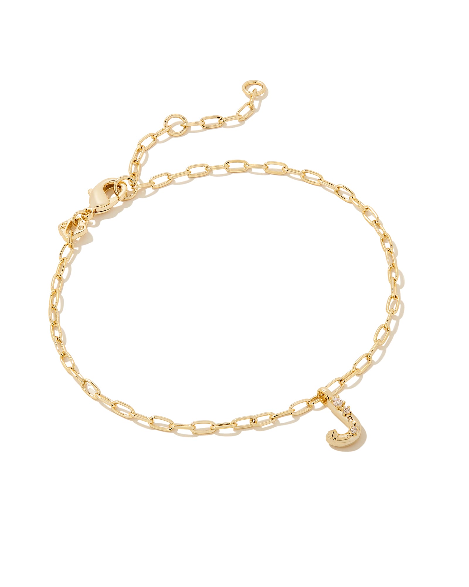 Kendra Scott Crystal Letter J Gold Delicate Chain Bracelet in White Crystal | Plated Brass