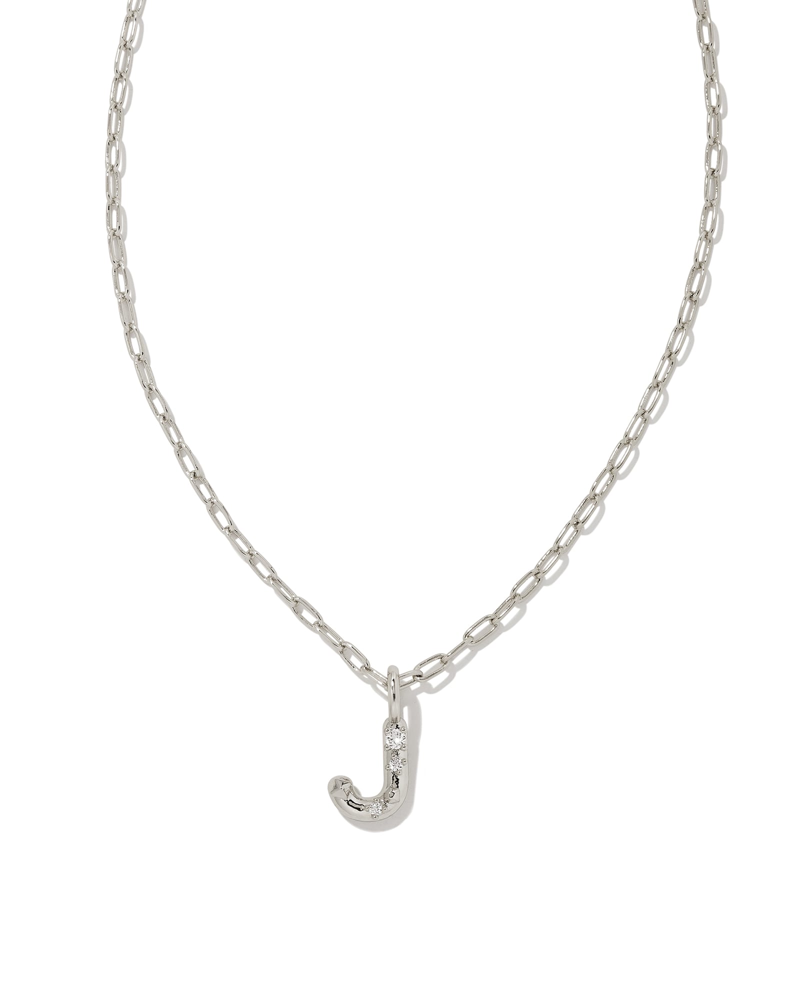 Kendra Scott Crystal Letter J Silver Short Pendant Necklace in White Crystal | Metal