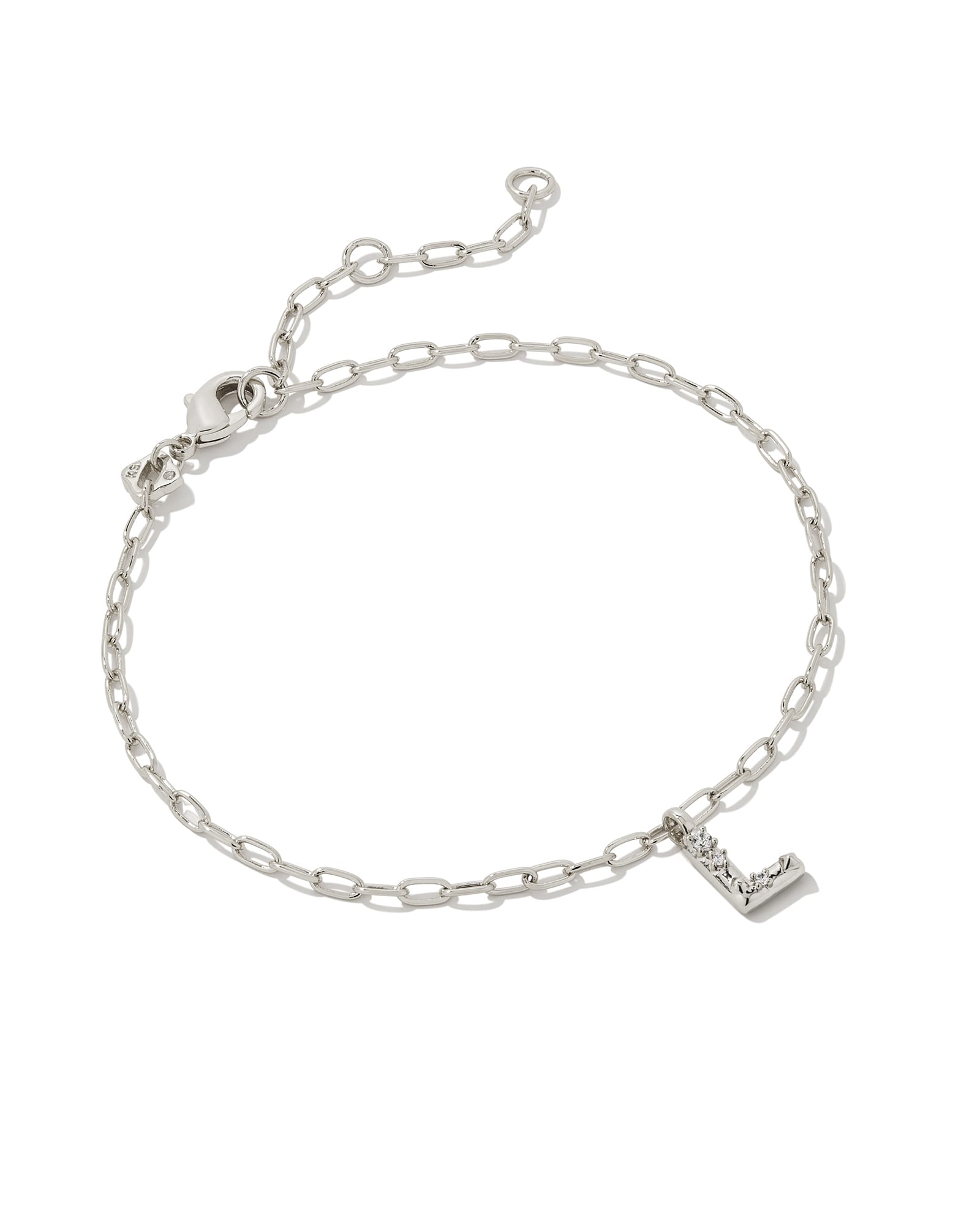 Kendra Scott Crystal Letter L Silver Delicate Chain Bracelet in White Crystal | Plated Brass/Metal Rhodium