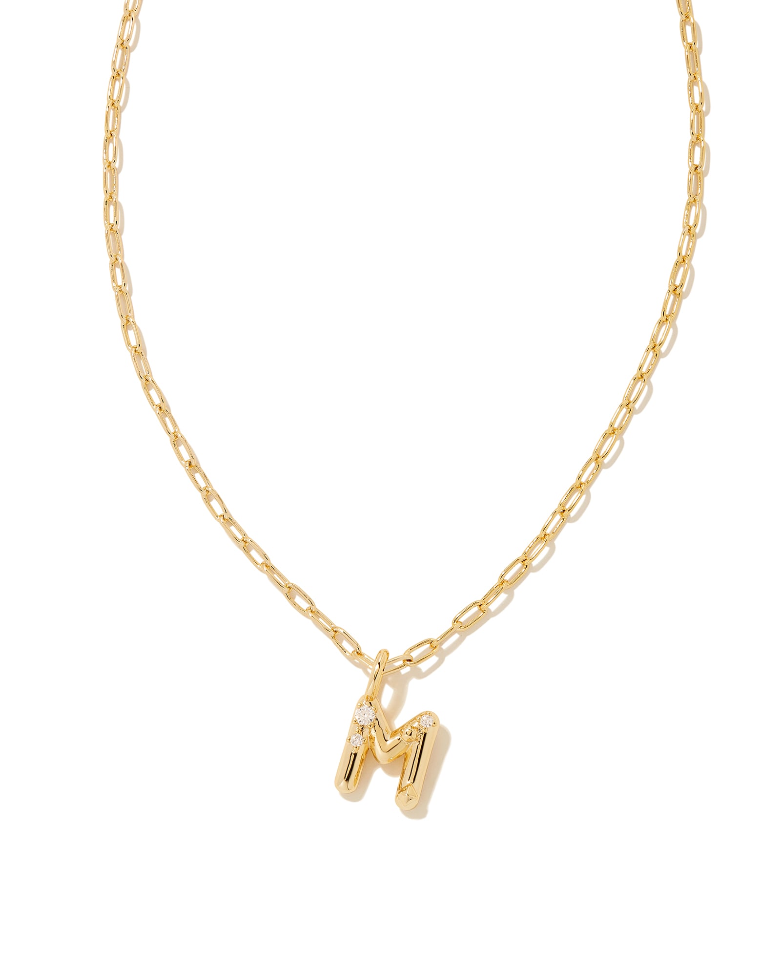 Kendra Scott Crystal Letter M Gold Short Pendant Necklace in White Crystal | Metal