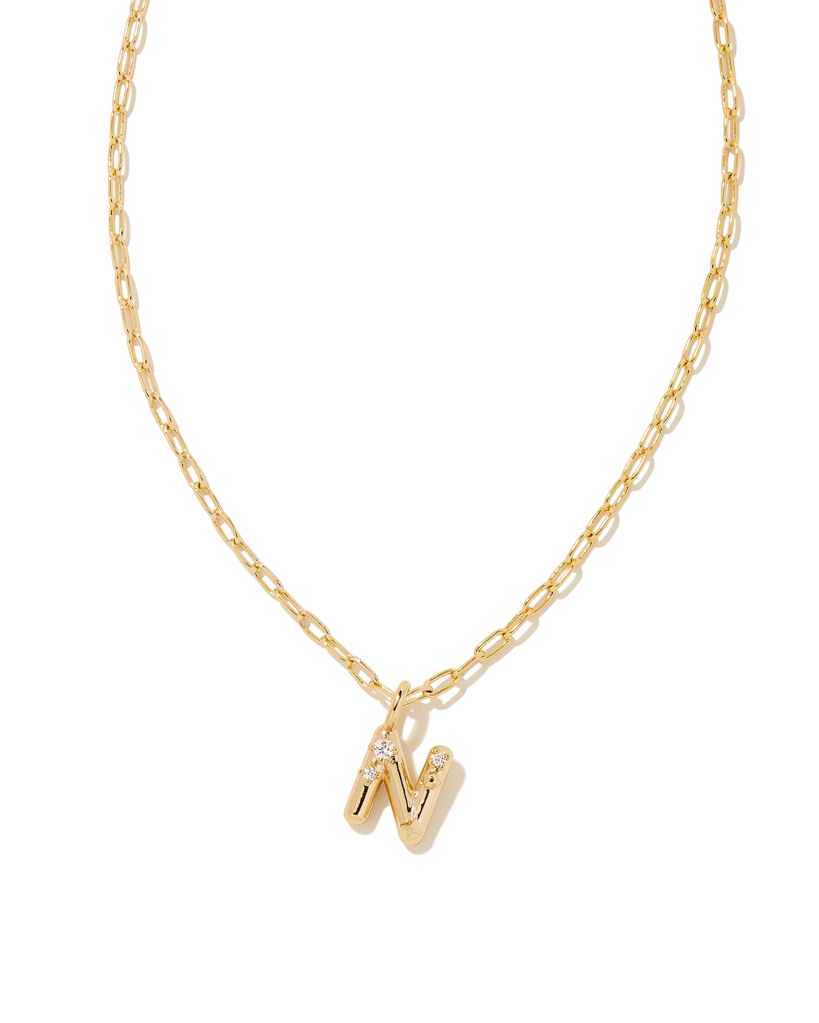 Kendra Scott Crystal Letter N Gold Short Pendant Necklace in White Crystal | Plated Brass