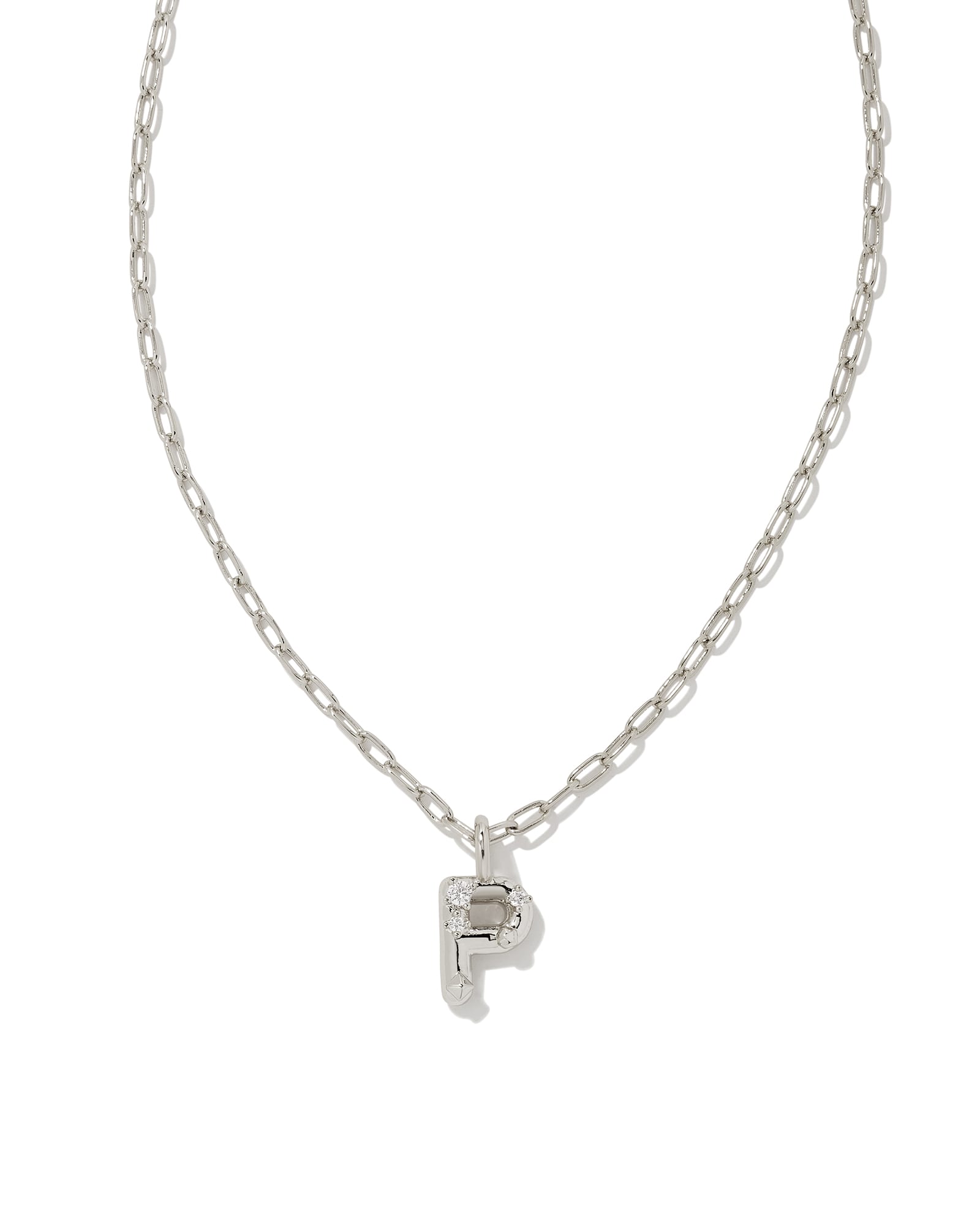 Kendra Scott Crystal Letter P Silver Short Pendant Necklace in White Crystal | Metal