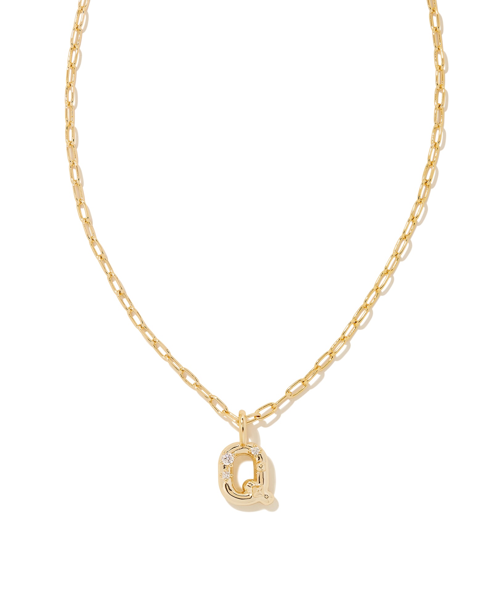 Kendra Scott Crystal Letter Q Gold Short Pendant Necklace in White Crystal | Metal