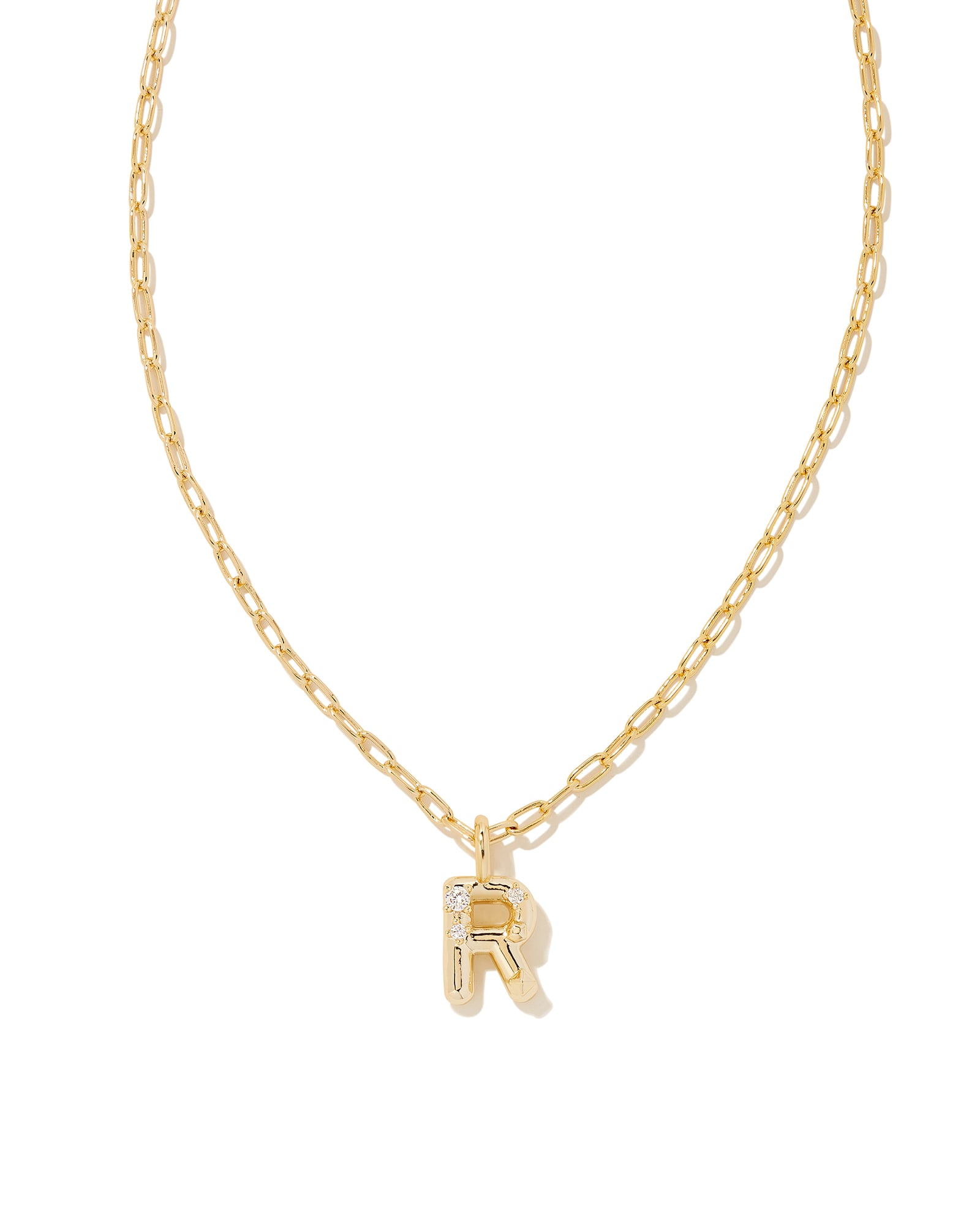 Kendra Scott Crystal Letter R Gold Short Pendant Necklace in White Crystal | Plated Brass