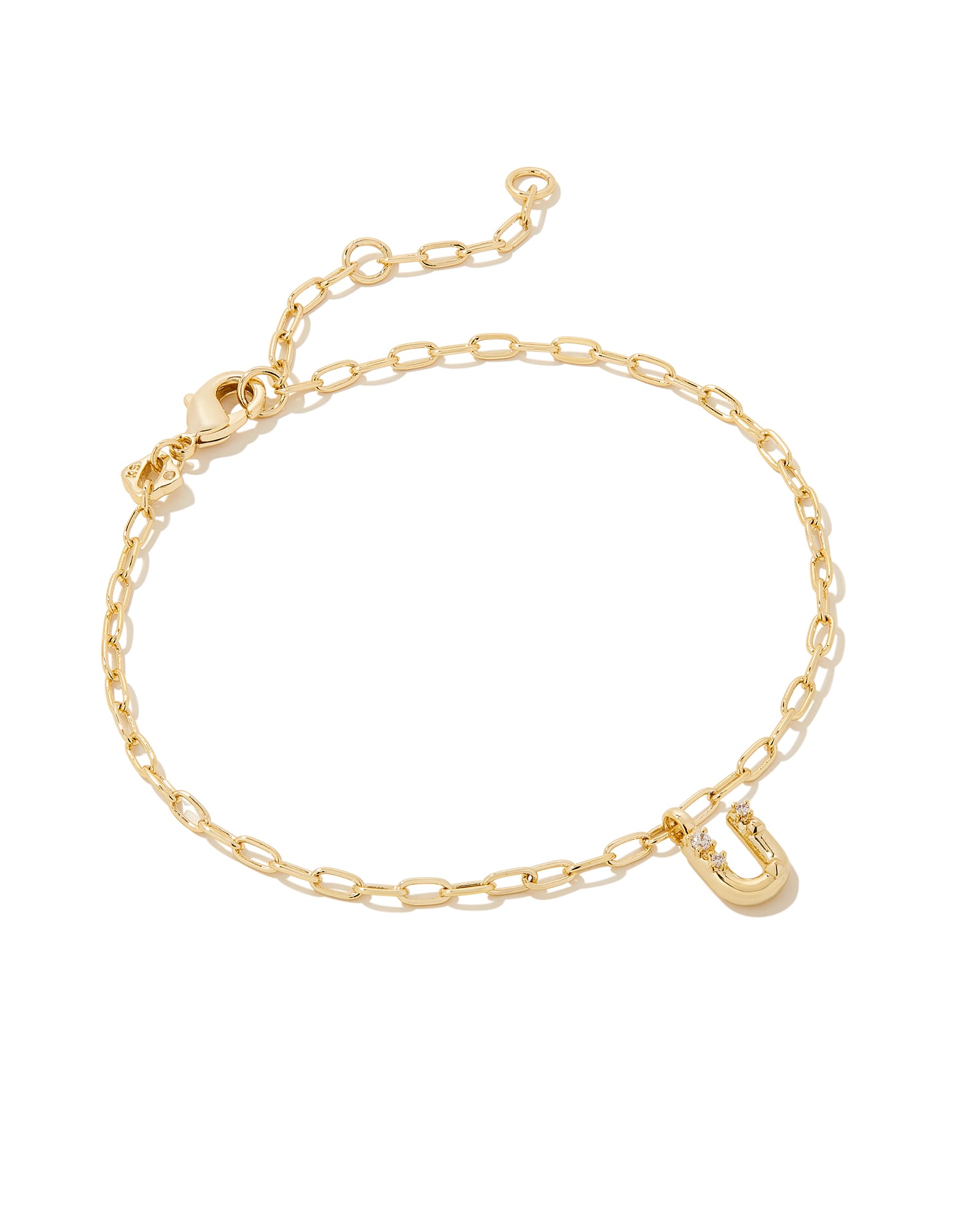 Kendra Scott Crystal Letter U Gold Delicate Chain Bracelet in White Crystal | Plated Brass