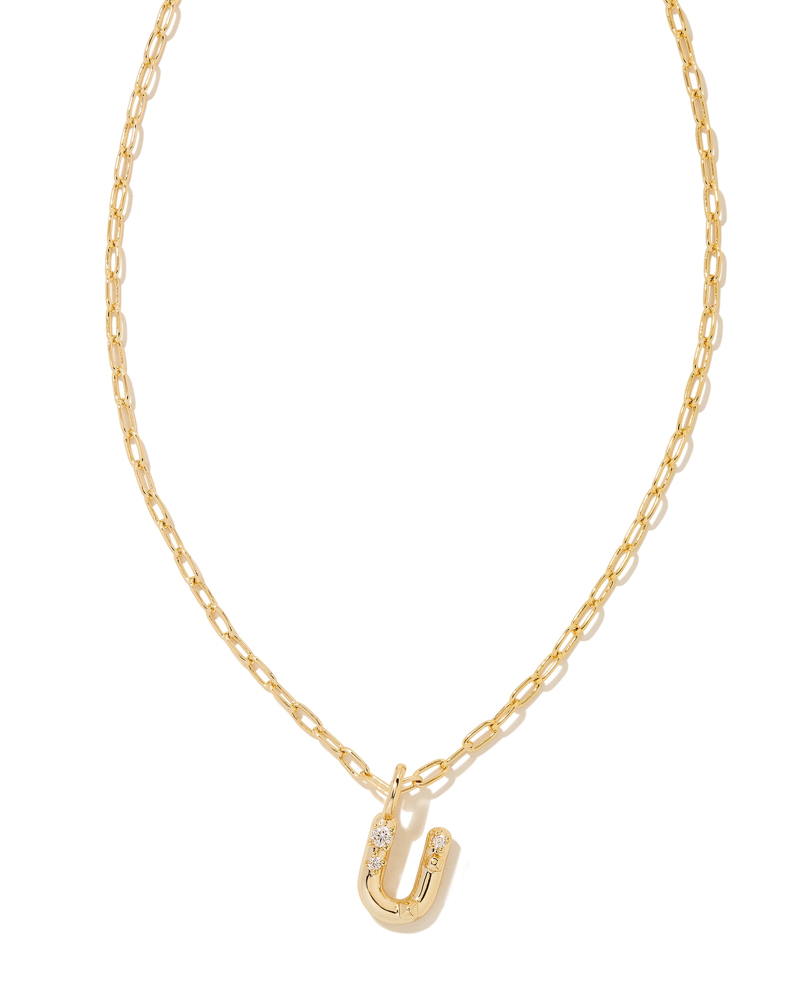 Kendra Scott Crystal Letter U Gold Short Pendant Necklace in White Crystal | Plated Brass