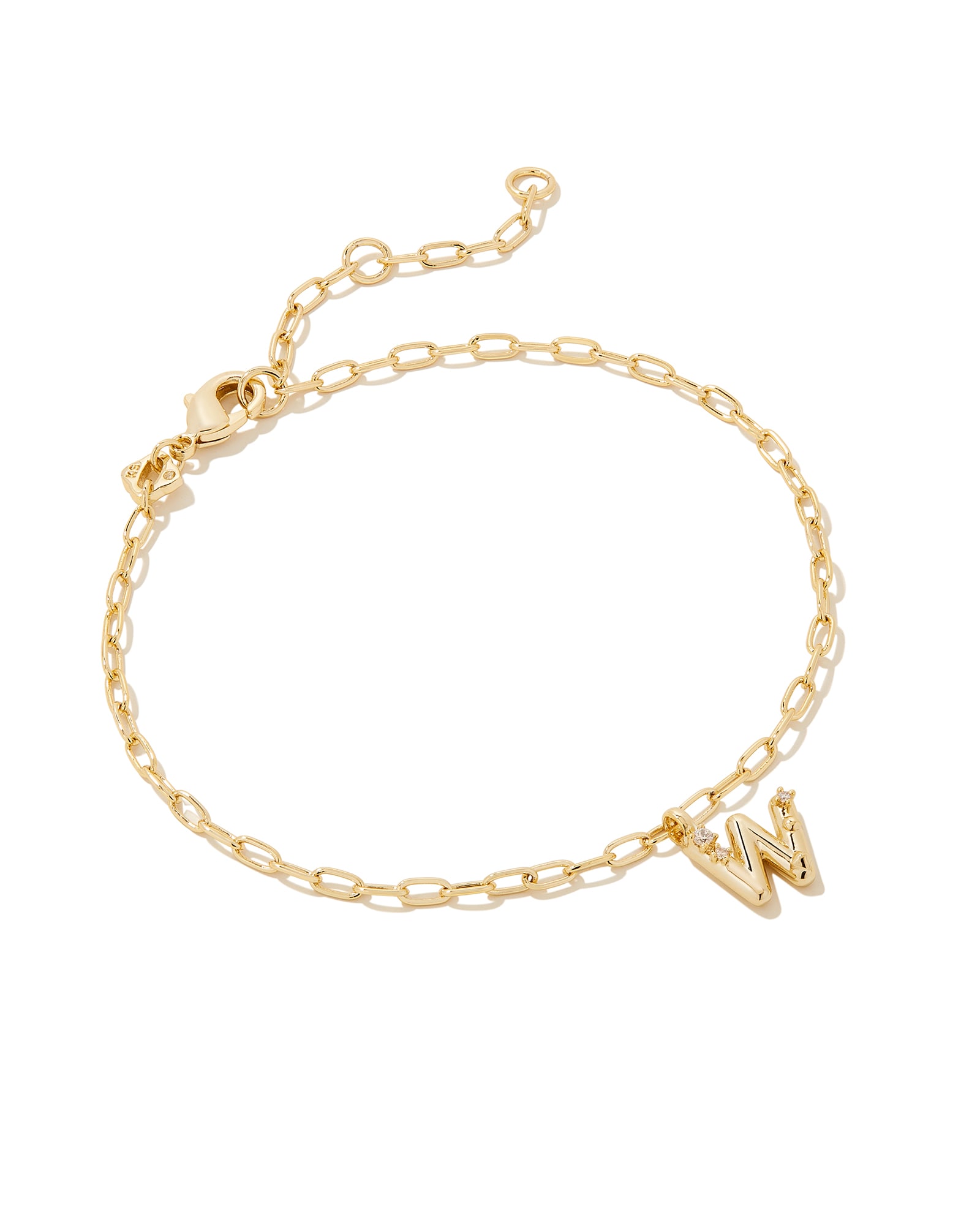 Kendra Scott Crystal Letter W Gold Delicate Chain Bracelet in White Crystal | Plated Brass