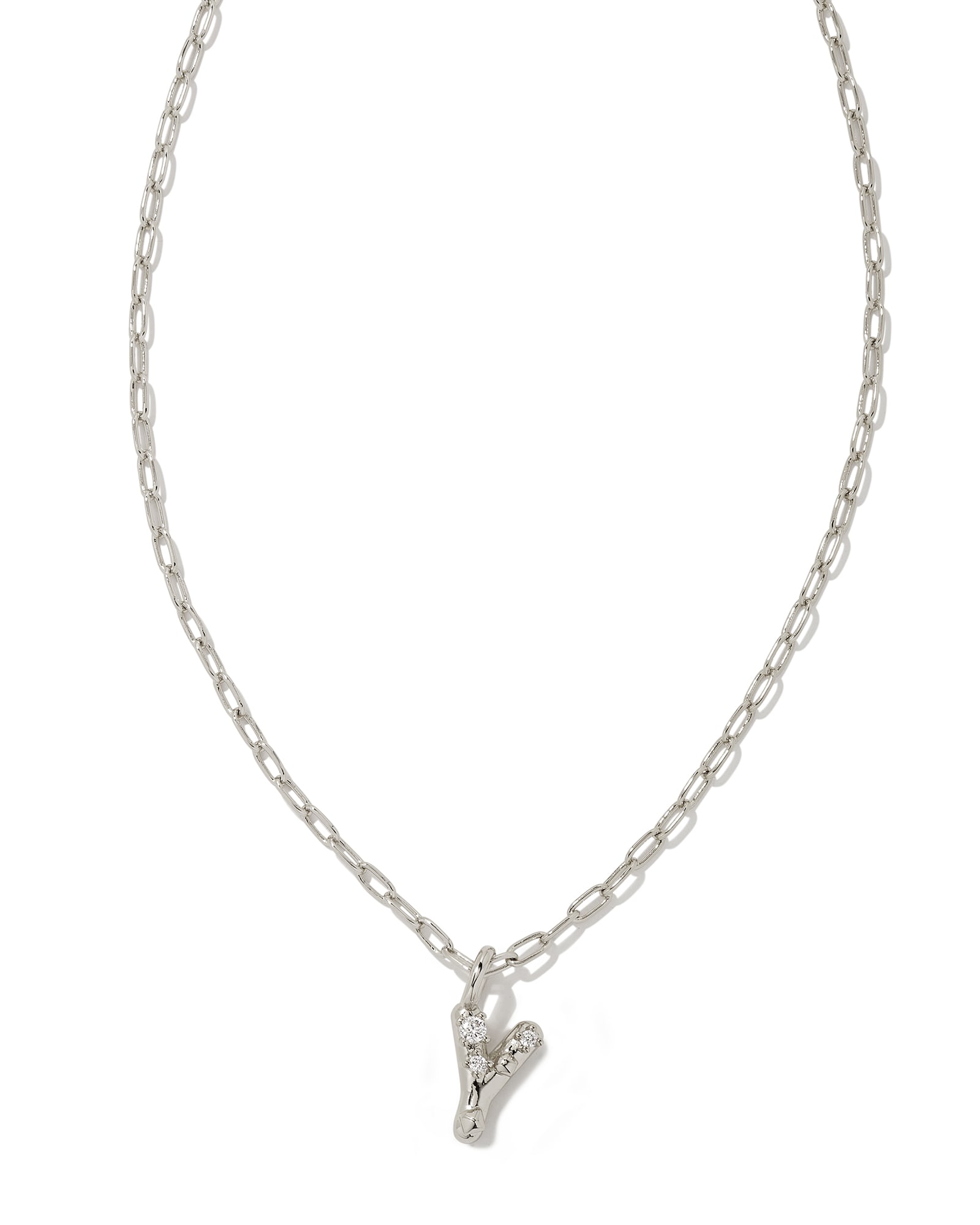 Kendra Scott Crystal Letter Y Silver Short Pendant Necklace in White Crystal | Metal