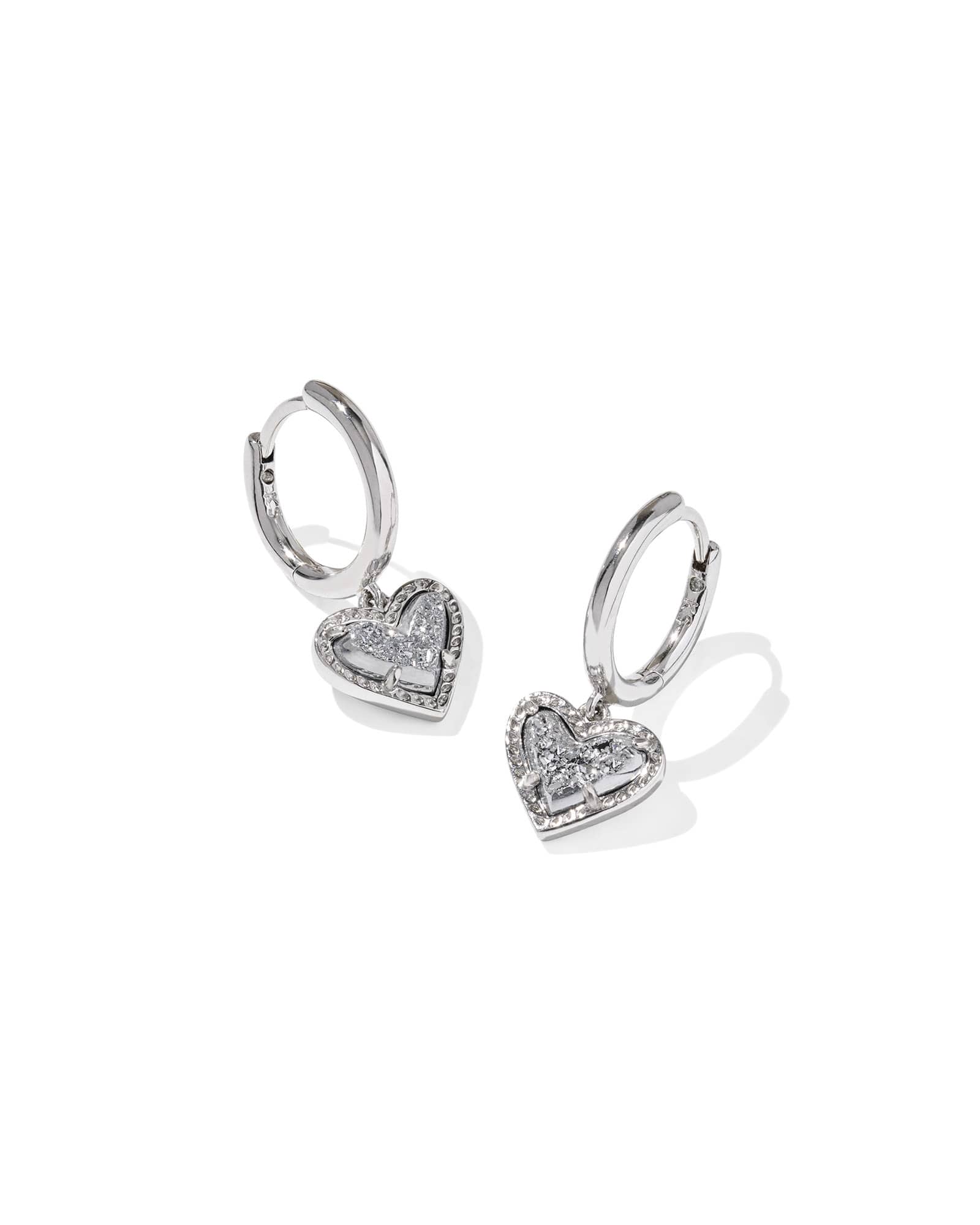 Kendra Scott Ari Heart Silver Huggie Earrings in Platinum Drusy | Drusy/Metal Rhodium