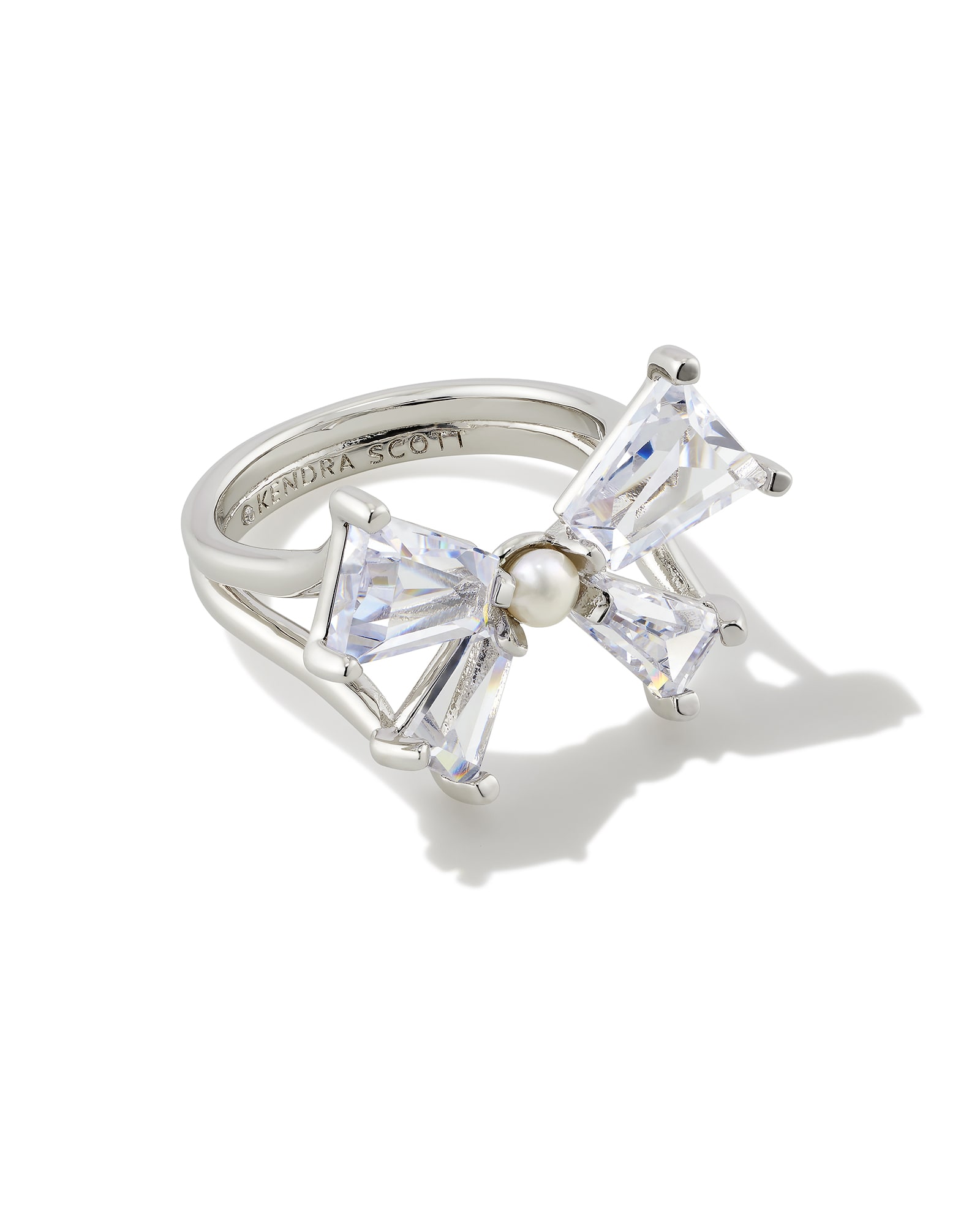 Kendra Scott Blair Silver Bow Cocktail Ring in White Crystal | Crystal/Metal Rhodium | Size 7