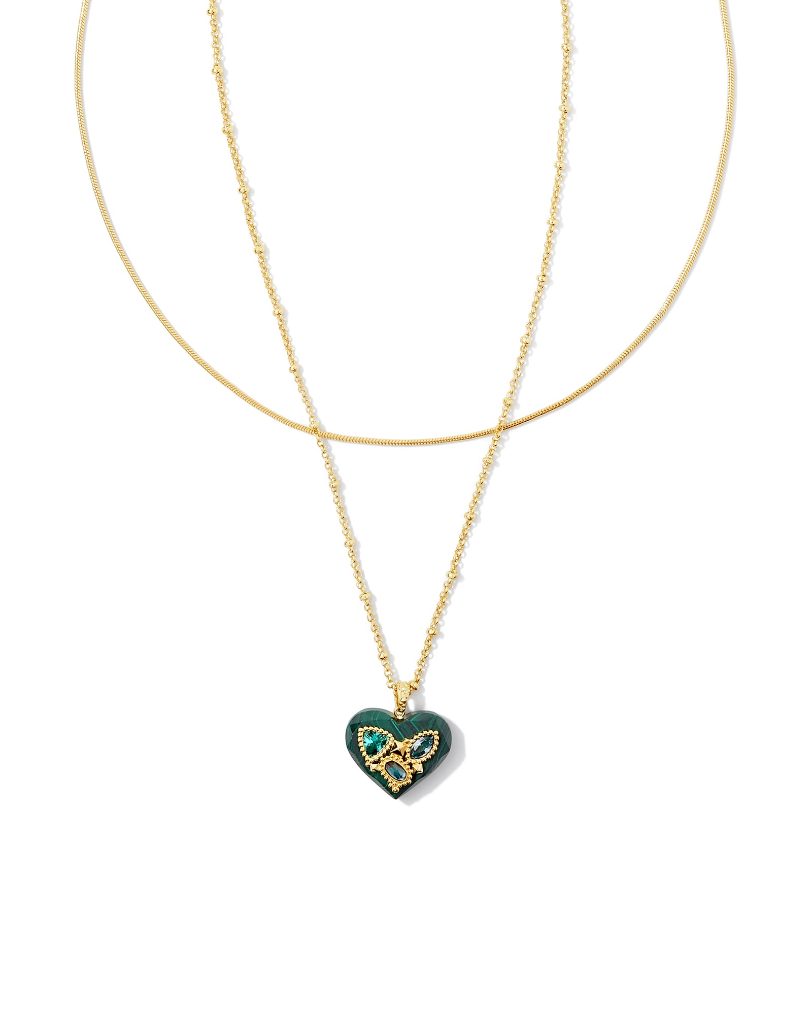 Kendra Scott Penny Gold Heart Multi Strand Necklace in Green Mix | Mixed Stones