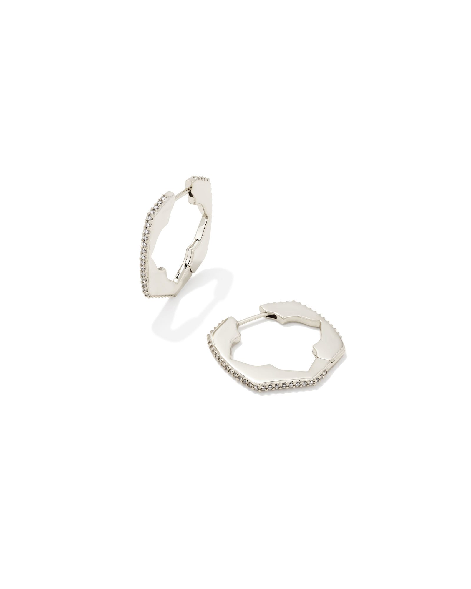 Kendra Scott Mallory Silver Huggie Earrings in White Crystal | Metal/Rhodium