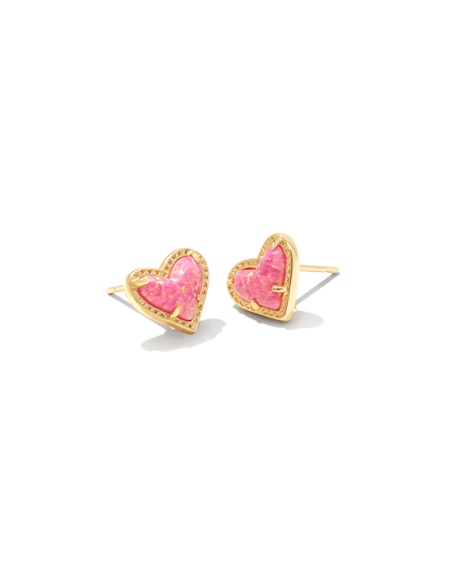 Kendra Scott Ari Heart Gold Stud Earrings in Pink Lab Grown Opal | Kyocera Opal