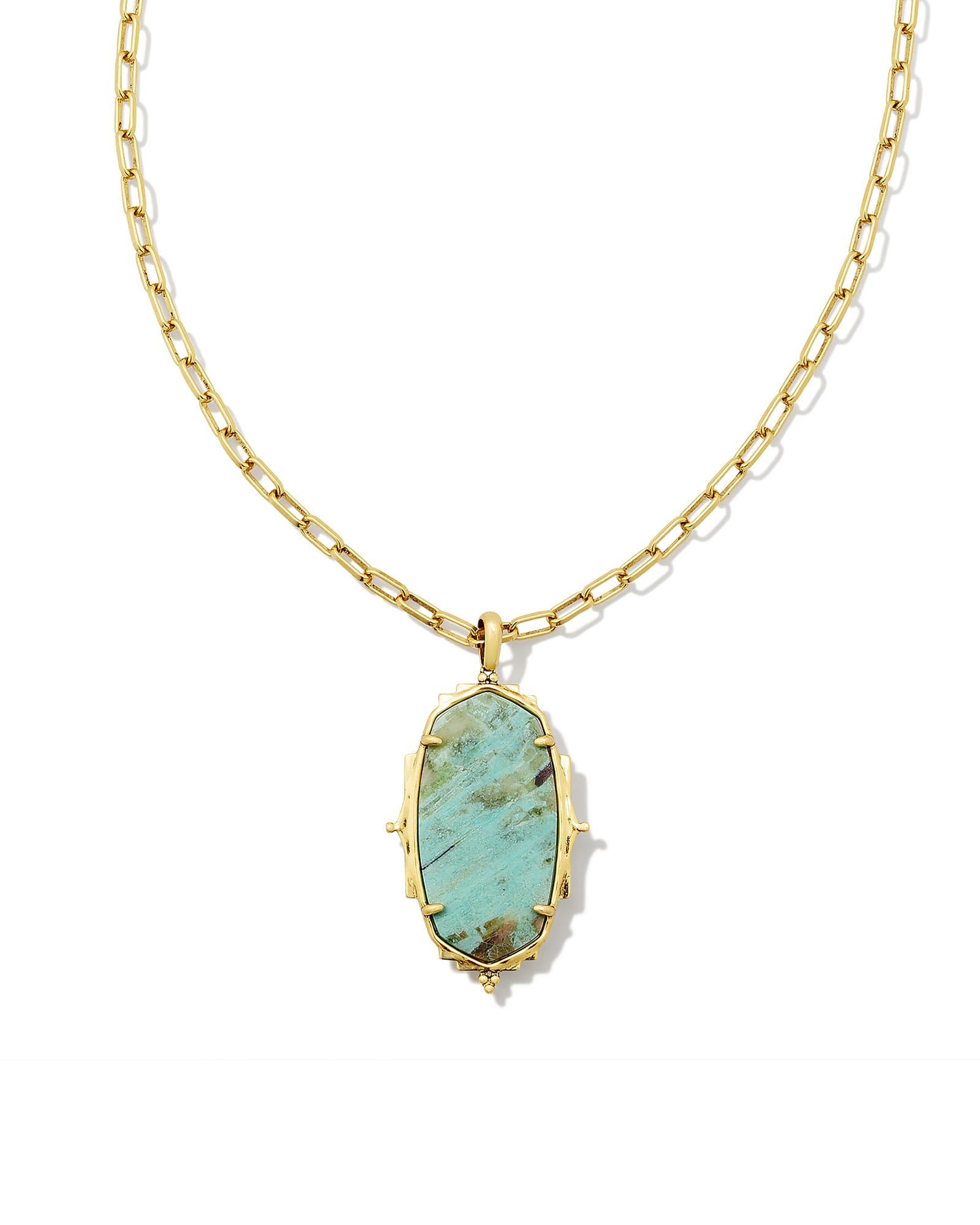 Kendra Scott Baroque Vintage Gold Ella Long Pendant Necklace in Sea Green Chrysocolla | Phoenix Stone/Metal