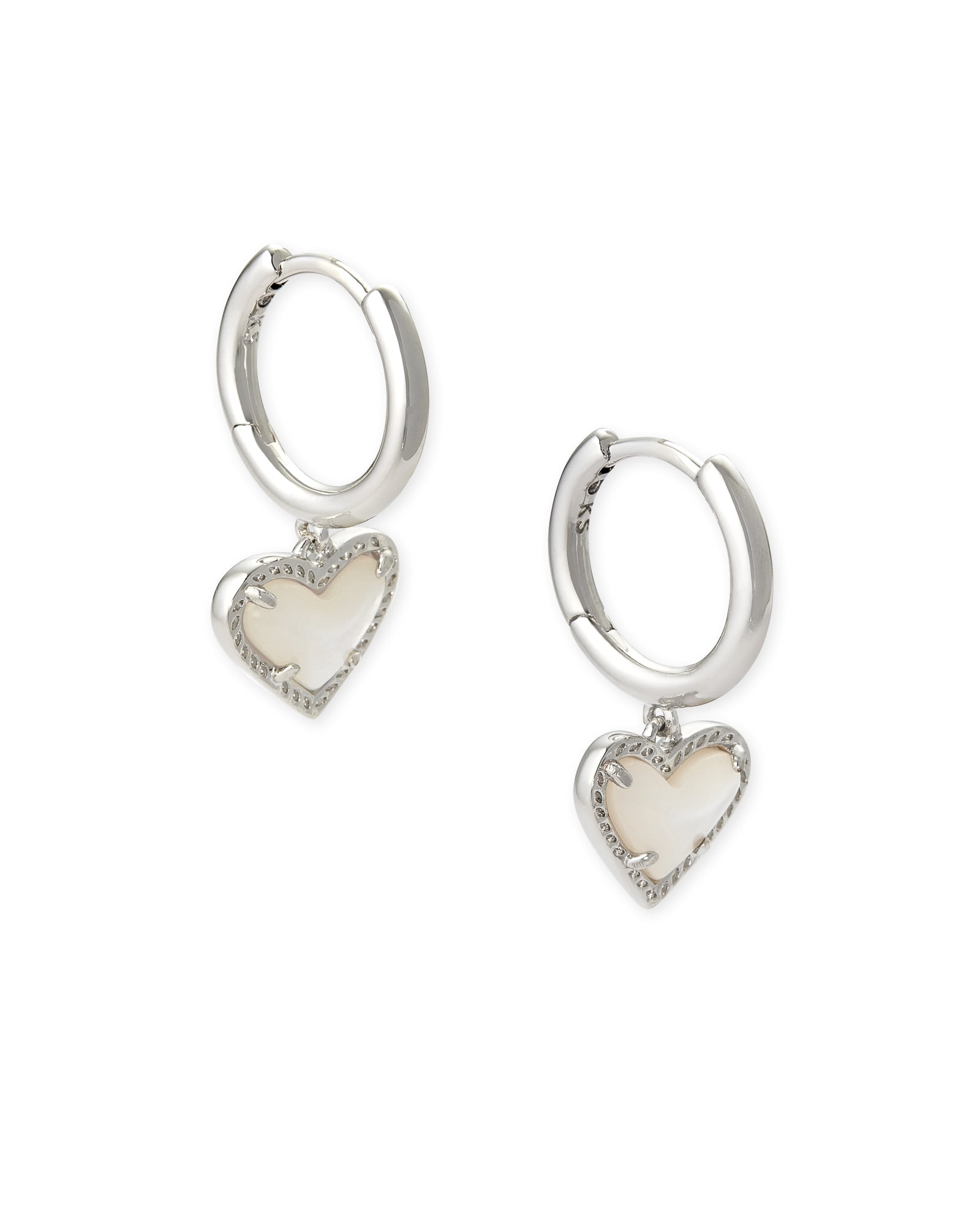 Kendra Scott Ari Heart Silver Huggie Earrings in Ivory Mother-of-Pearl | Mother Of Pearl/Metal Rhodium