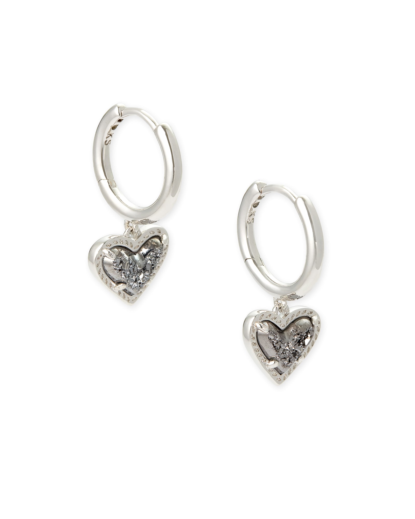 Kendra Scott Ari Heart Silver Huggie Earrings in Platinum Drusy | Drusy/Metal Rhodium