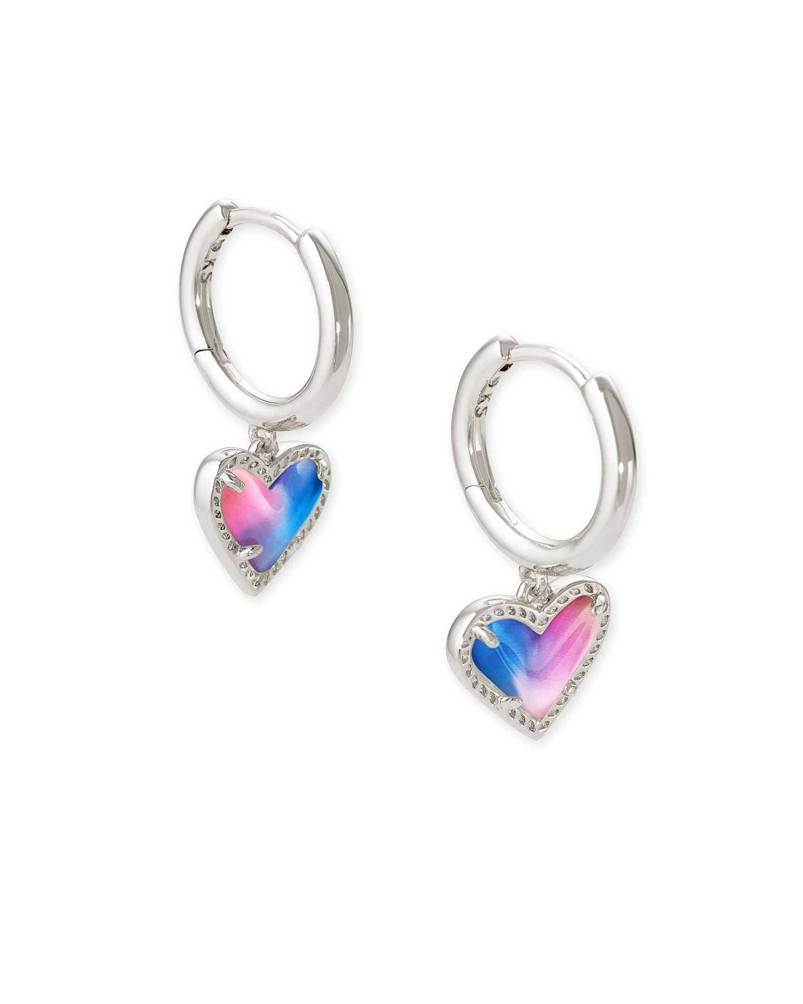 Kendra Scott Ari Heart Silver Huggie Earrings in Watercolor Illusion | Glass/Mother Of Pearl/Metal Rhodium