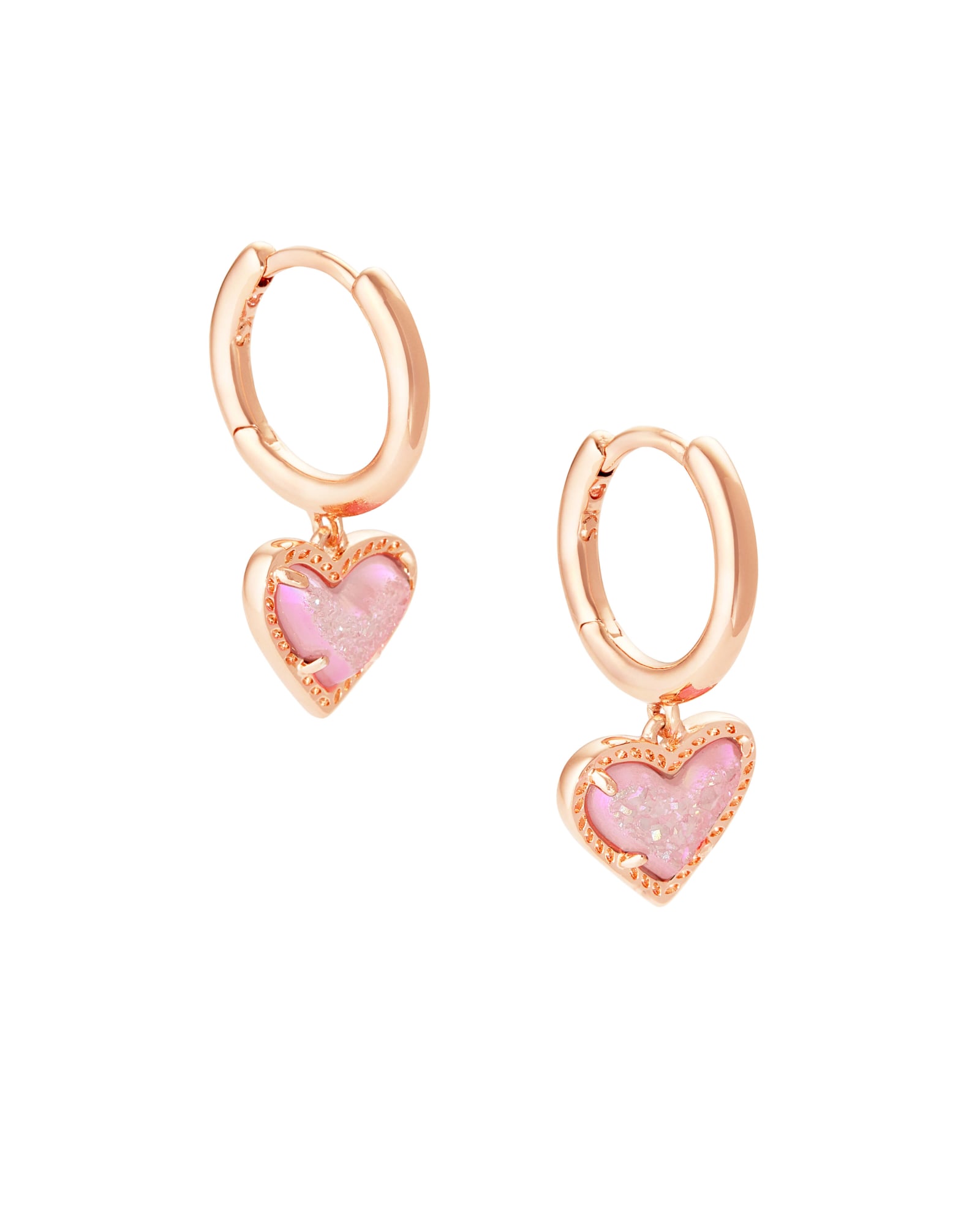 Kendra Scott Ari Heart Rose Gold Huggie Earrings in Light Pink | Drusy