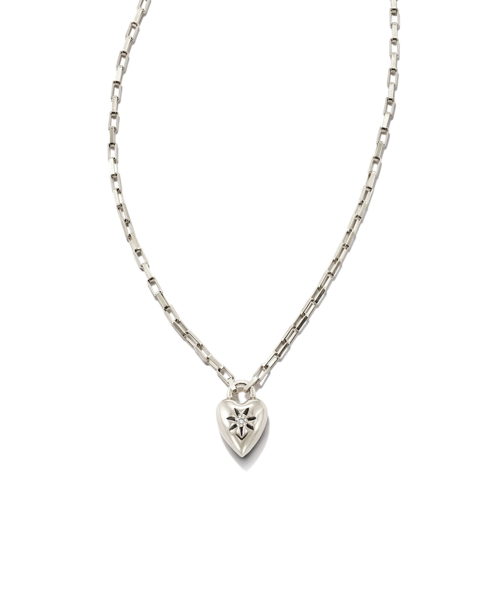 Kendra Scott Angie Heart Bright Cut Pendant Necklace in Sterling Silver | Diamonds