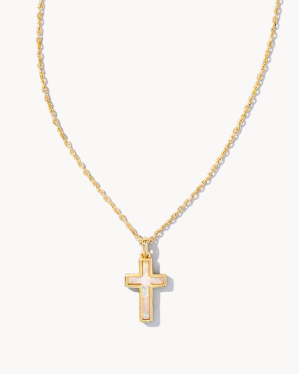 Cross Gold Pendant Necklace in White Lab Grown Opal