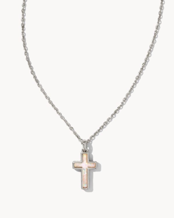 Cross Silver Pendant Necklace in White Lab Grown Opal