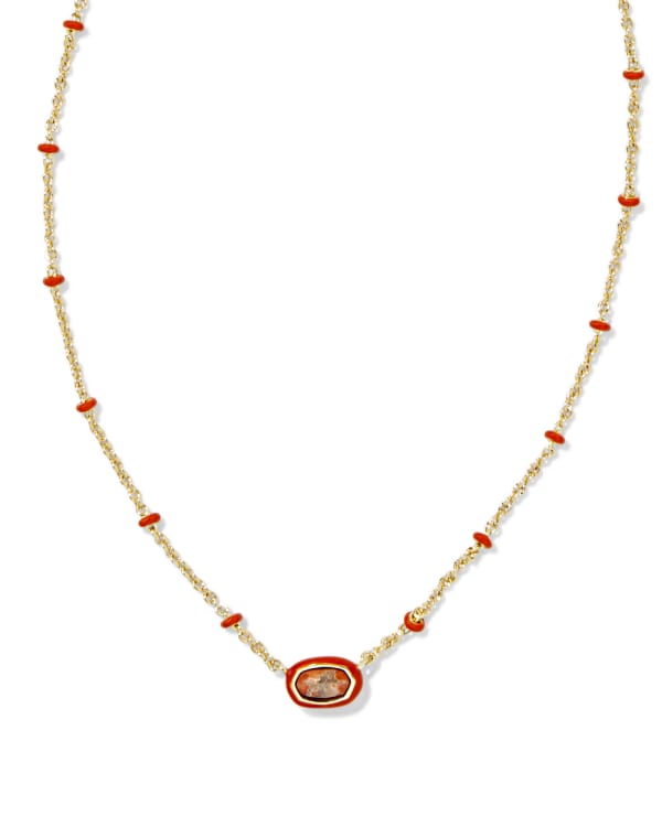 Mini Elisa Gold Enamel Frame Short Pendant Necklace in Variegated Orange Magnesite