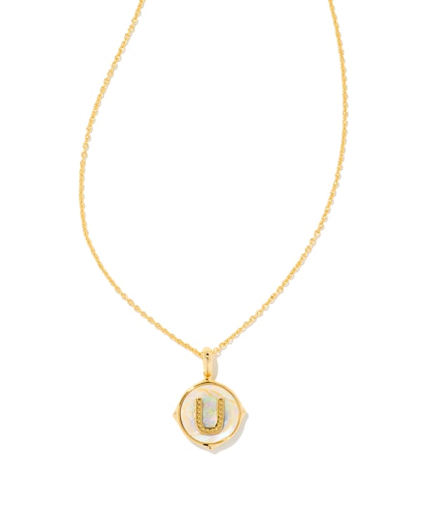 Letter U Gold Disc Reversible Pendant Necklace in Iridescent Abalone