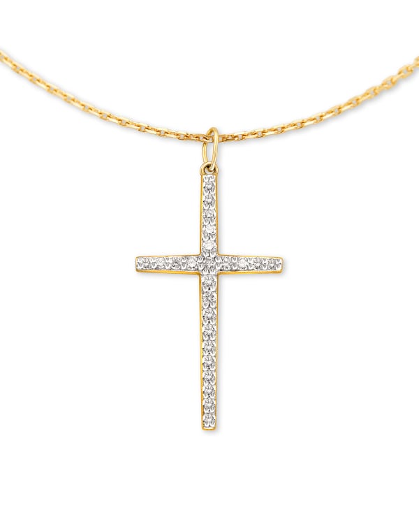 Large Cross 14k Yellow Gold Pendant Necklace in White Diamond