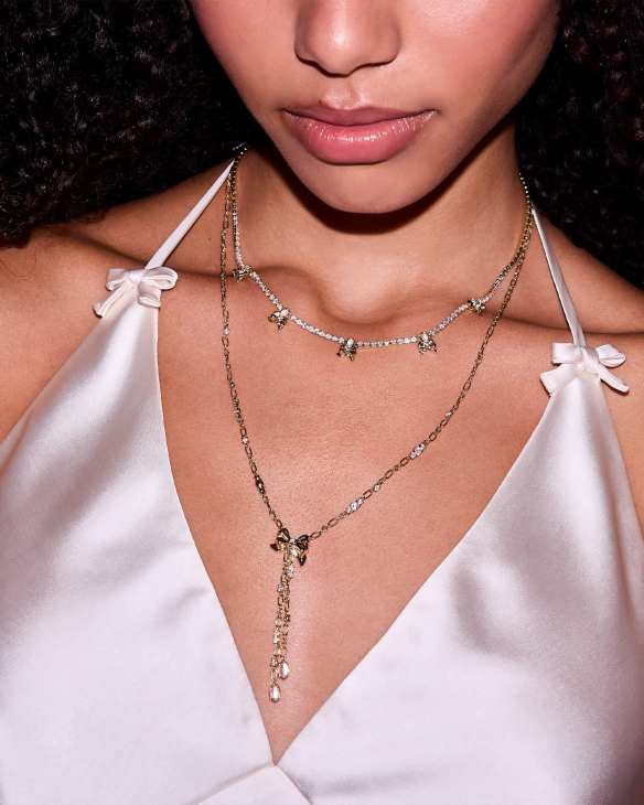 Kendra Scott x LoveShackFancy Crystal Bow Gold Lariat Necklace