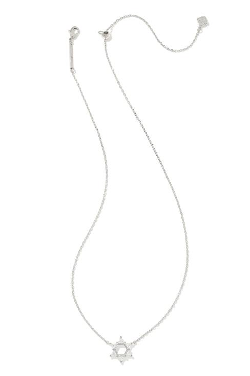 Star of David Silver Crystal Short Pendant Necklace in White CZ