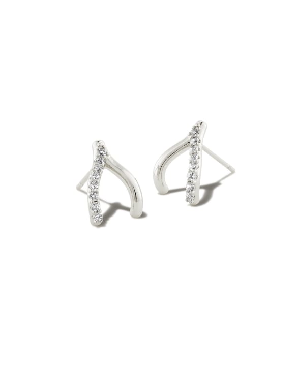 Wishbone Silver Stud Earrings in White Crystal