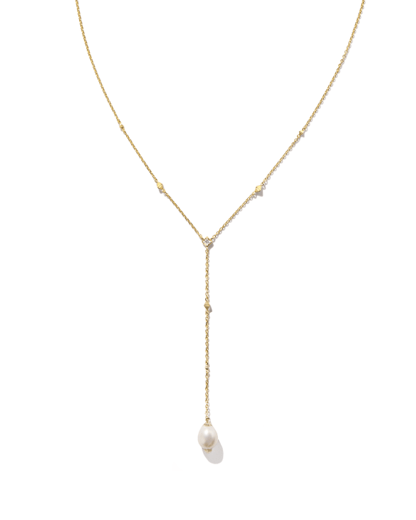 Michelle 14k Yellow Gold Y Necklace in White Pearl