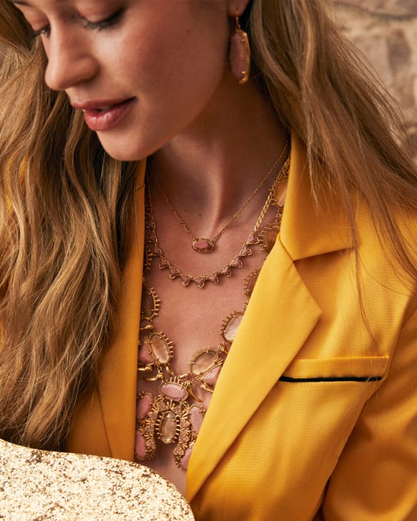 Elisa Vintage Gold Etch Frame Short Pendant Necklace in Blush Pink Quartzite