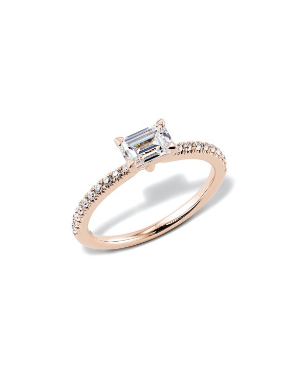 Emerald Solitaire Engagement Ring with Pave Diamonds in 14k Rose Gold