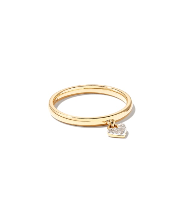 Pave Heart Padlock 14k Yellow Gold Band Ring in White Diamond