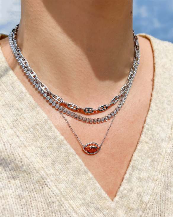 Football Silver Short Pendant Necklace in Orange Goldstone