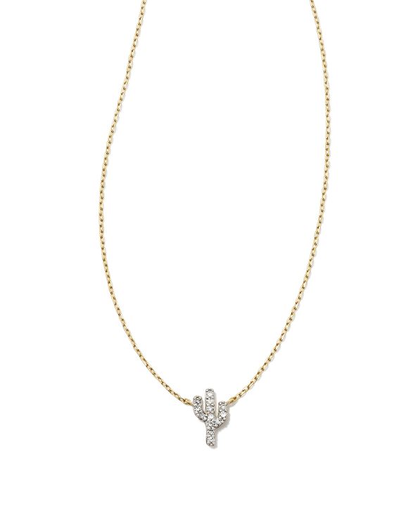 Tiny Cactus 14k Yellow Gold Pendant Necklace in White Diamond