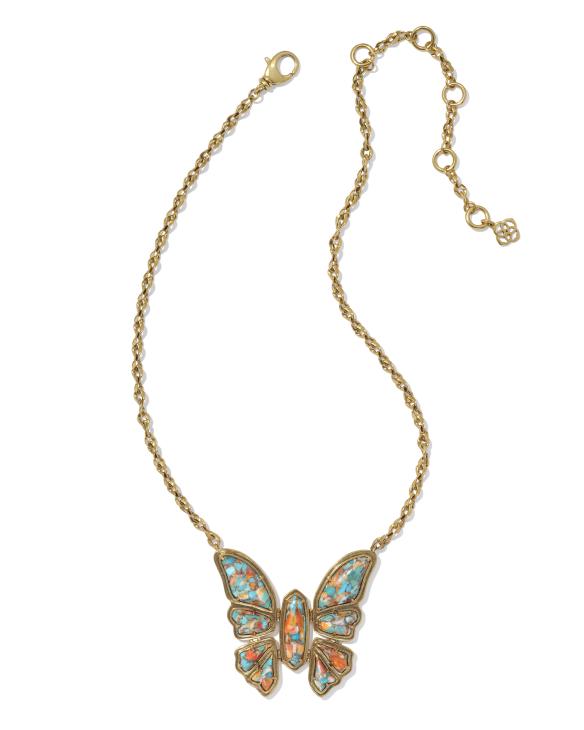 Ember Vintage Gold Butterfly Statement Necklace in Bronze Veined Turquoise Magnesite Red Oyster