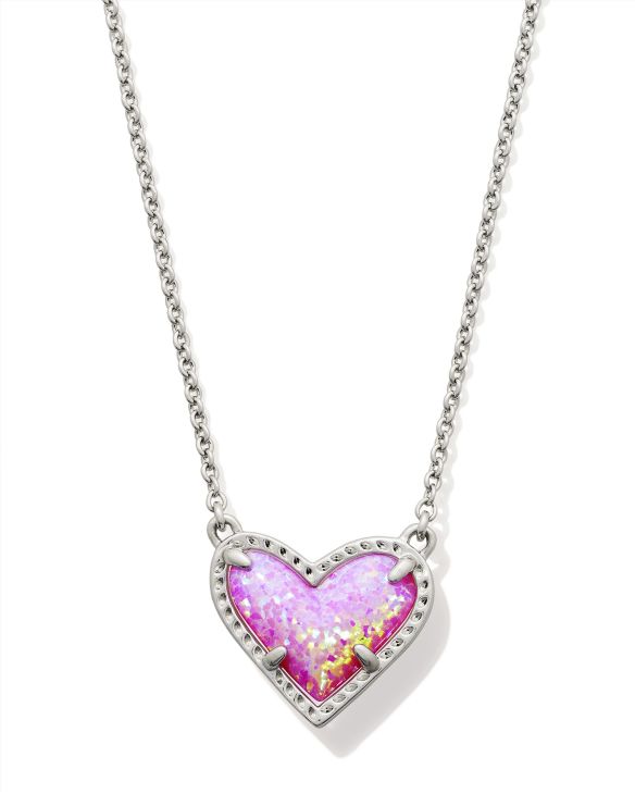 Ari Heart Silver Short Pendant Necklace in Bubblegum Pink Kyocera Opal